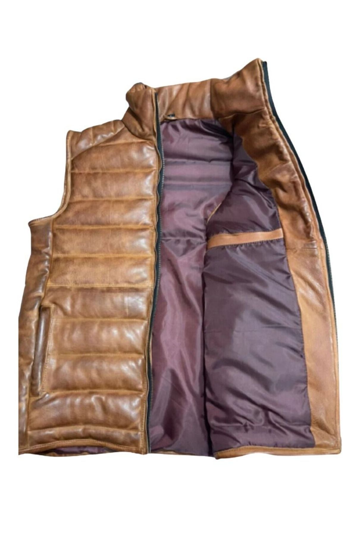 Brown leather vest with purple lining on a white background