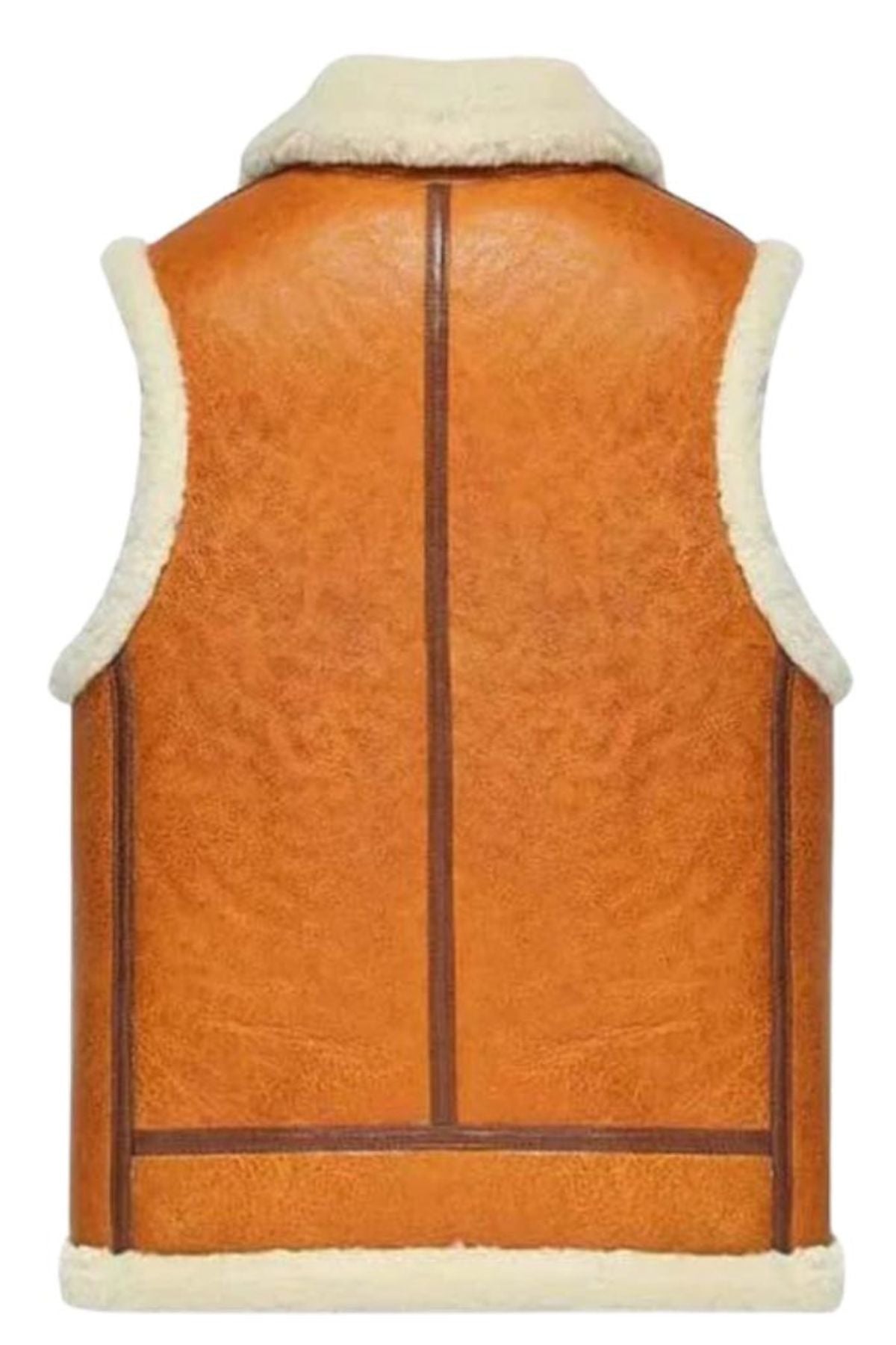 Orange leather vest with white fur lining on a white background