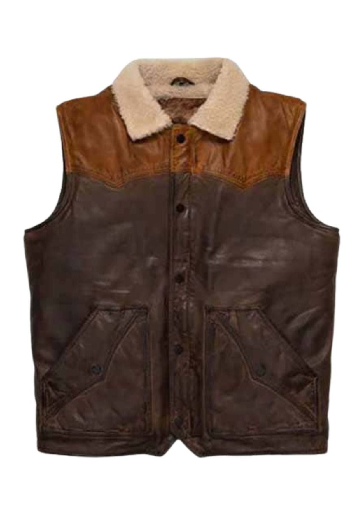 Men's Two-Tone Western Shearling Vest - Cowboy Style Leather Waistcoat