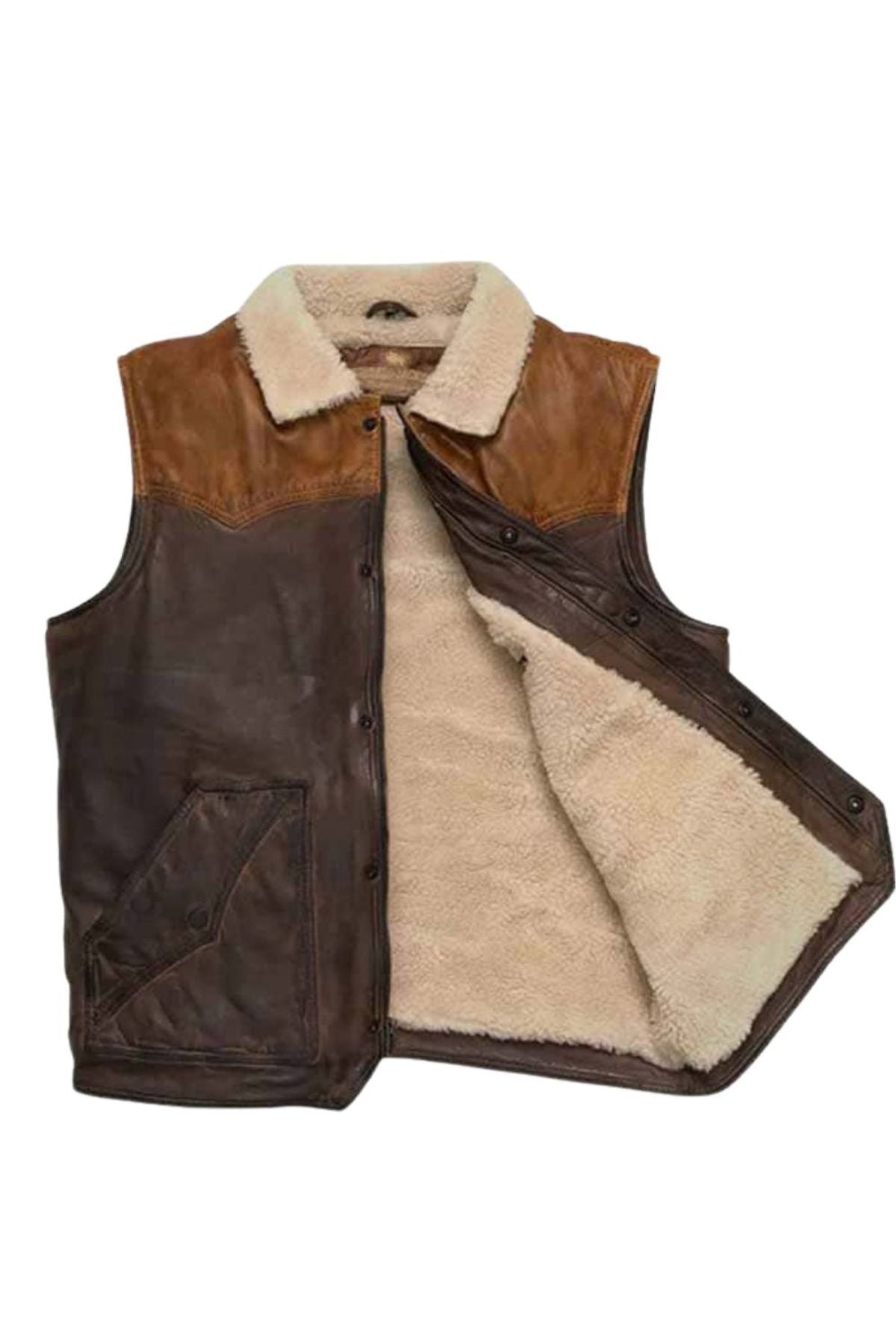 Men's Two-Tone Western Shearling Vest - Cowboy Style Leather Waistcoat