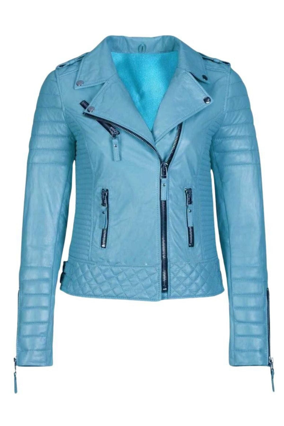 Blue quilted jacket with zippers