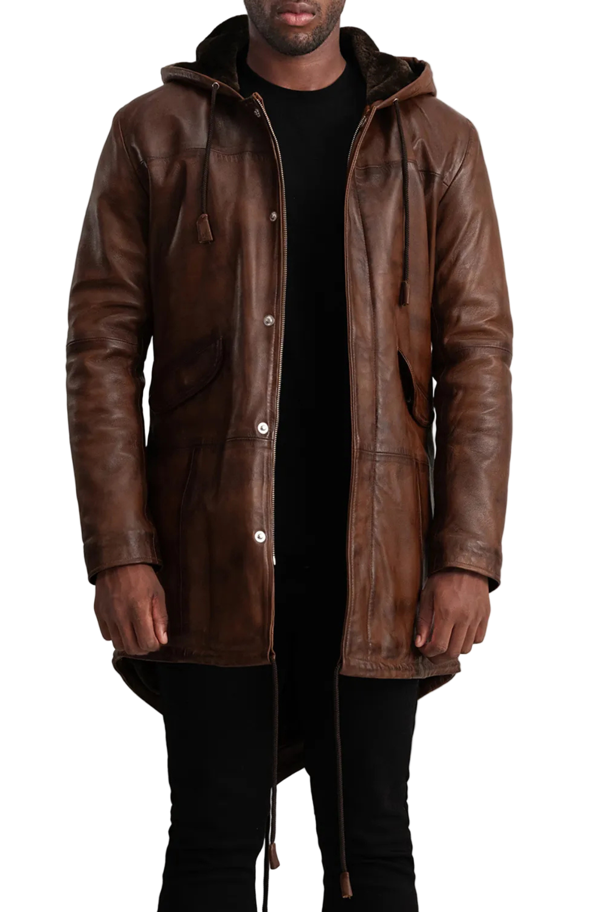 brown leather jacket with a hood