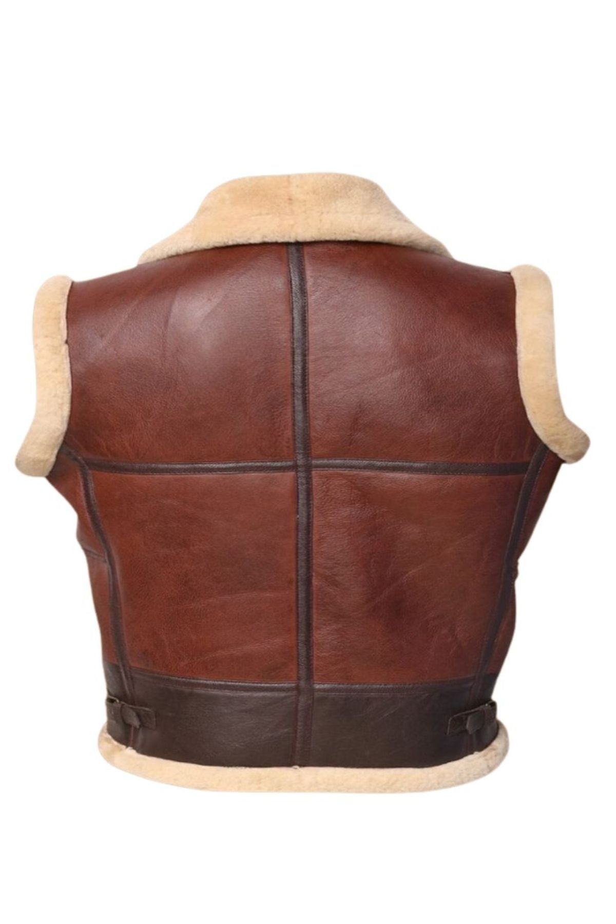 Brown leather vest with beige fur lining on a white background