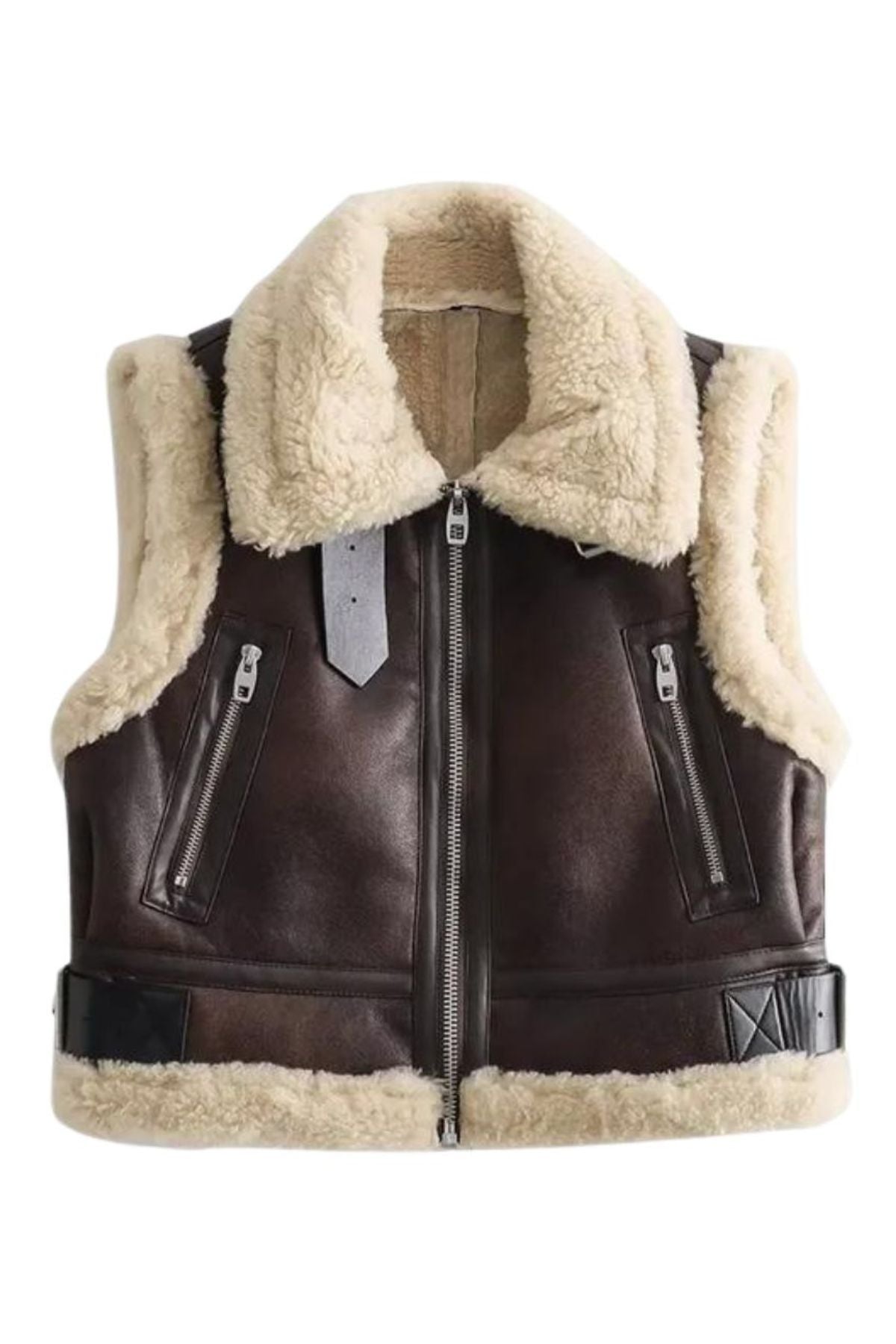 Brown leather vest with beige fur lining on a white background