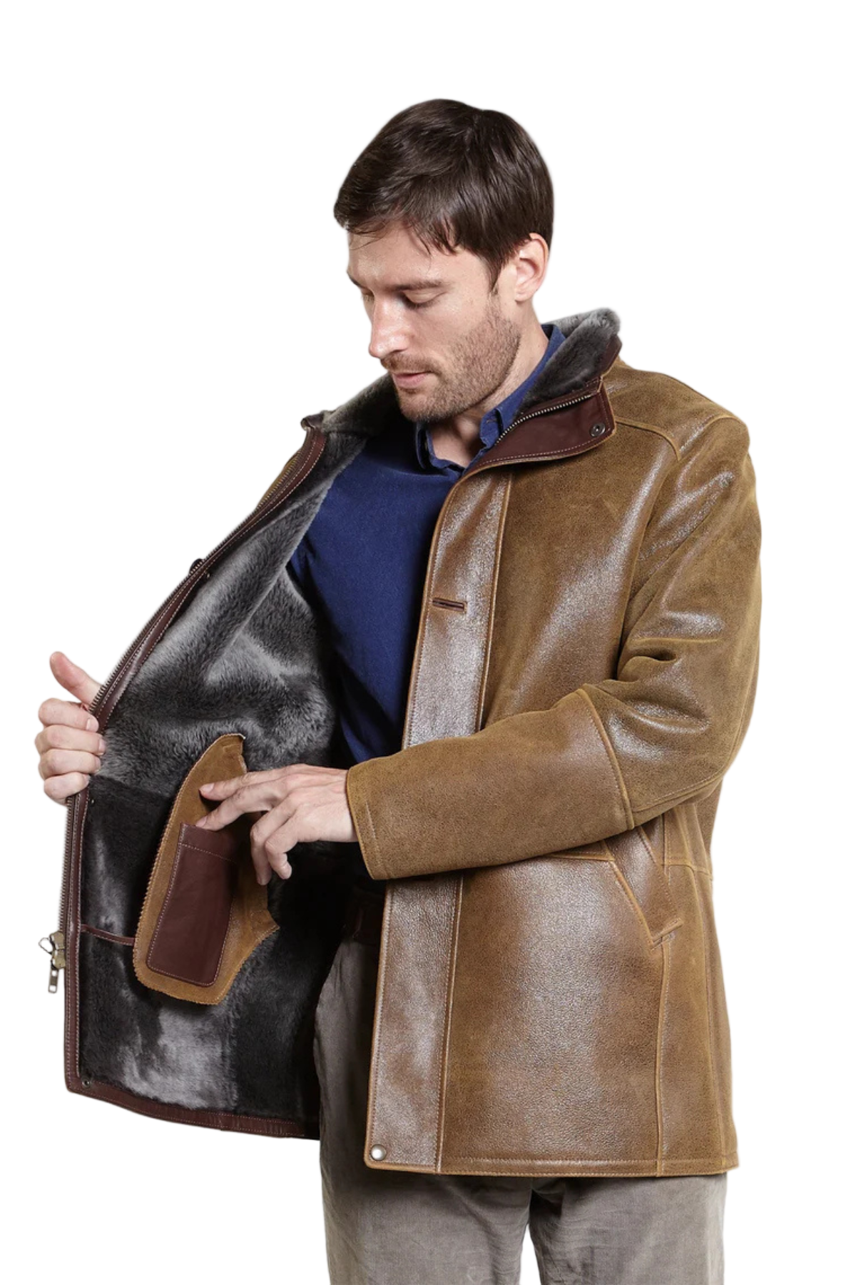 sheepskin oversize man brown jacket with fur