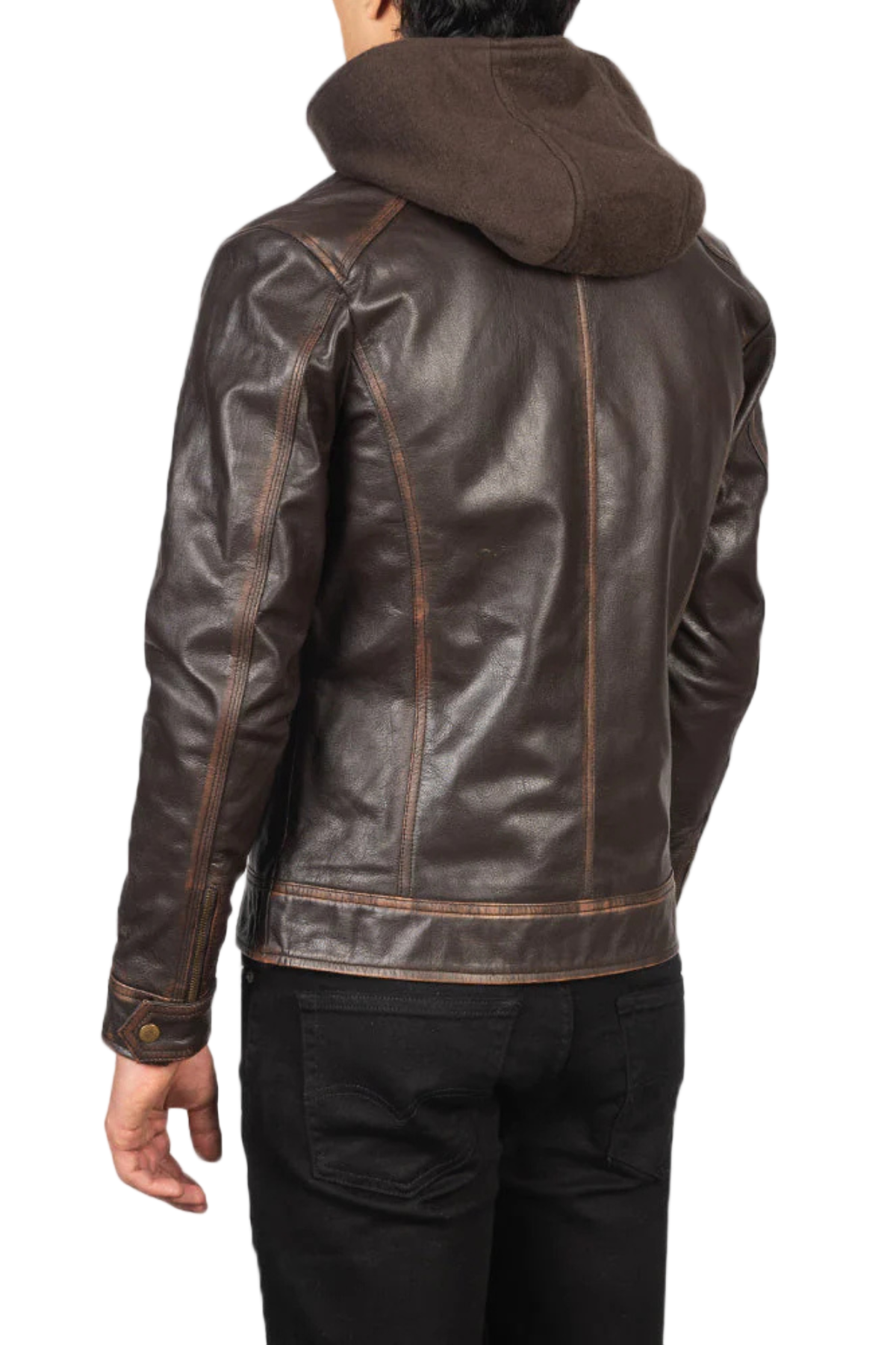 Brown leather jacket with a hood
