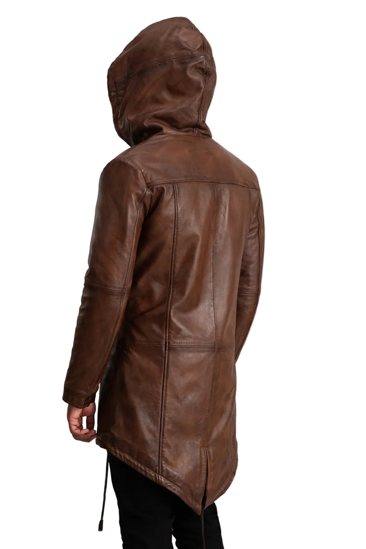 brown leather jacket with a hood