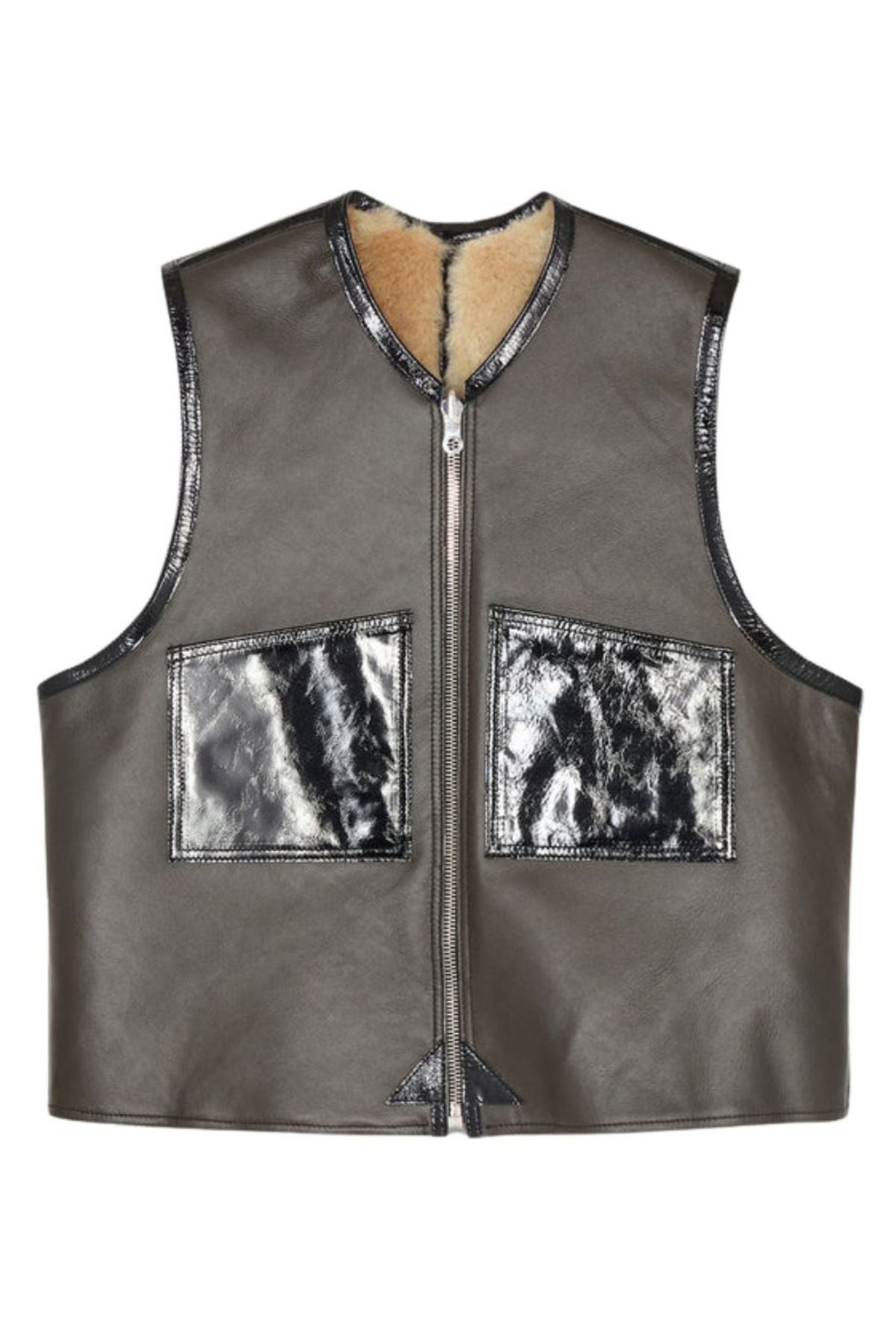 Brown leather vest with fur lining on a white background