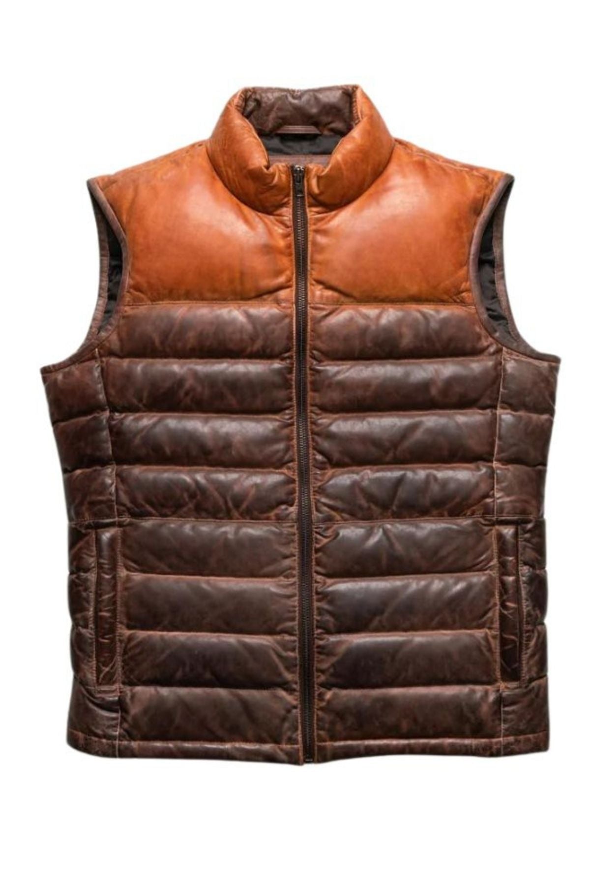 Brown puffer vest with leather accents on a white background