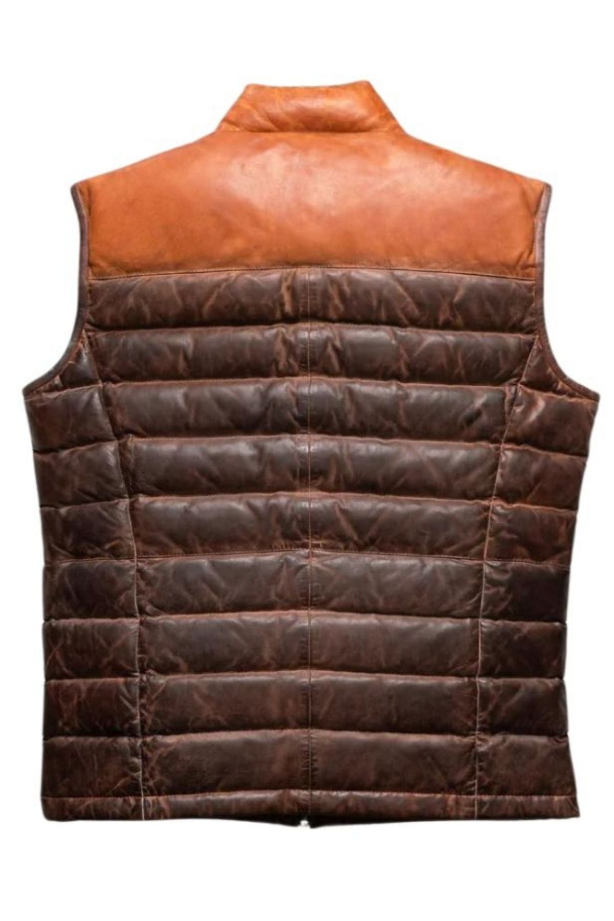 Brown quilted vest with leather collar on a white background