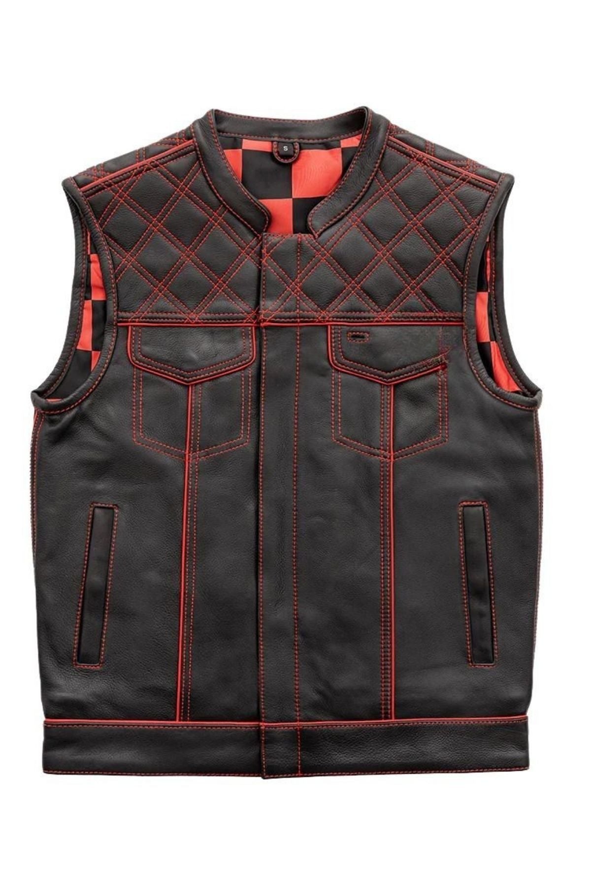 Black leather vest with red stitching on a white background