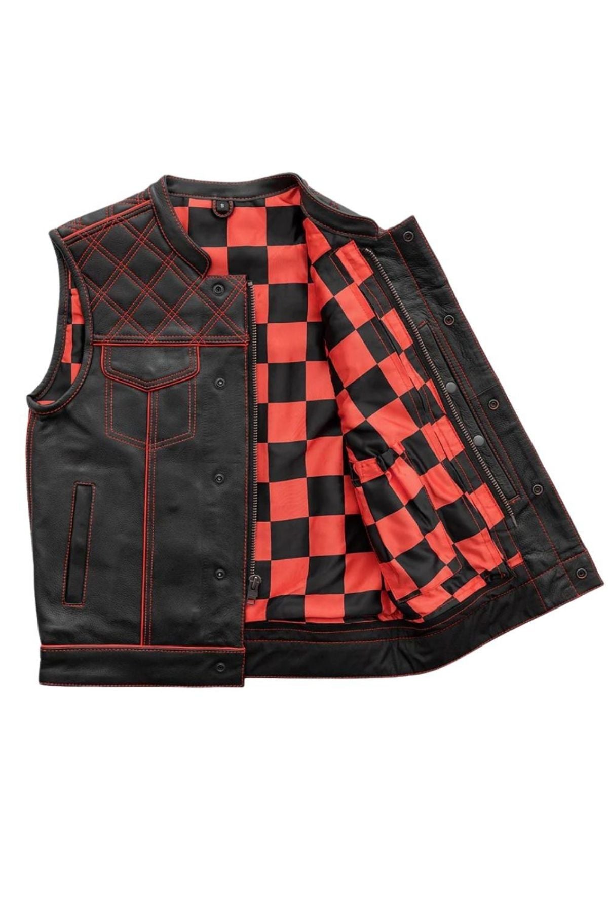 Black leather vest with red checkered lining on a white background