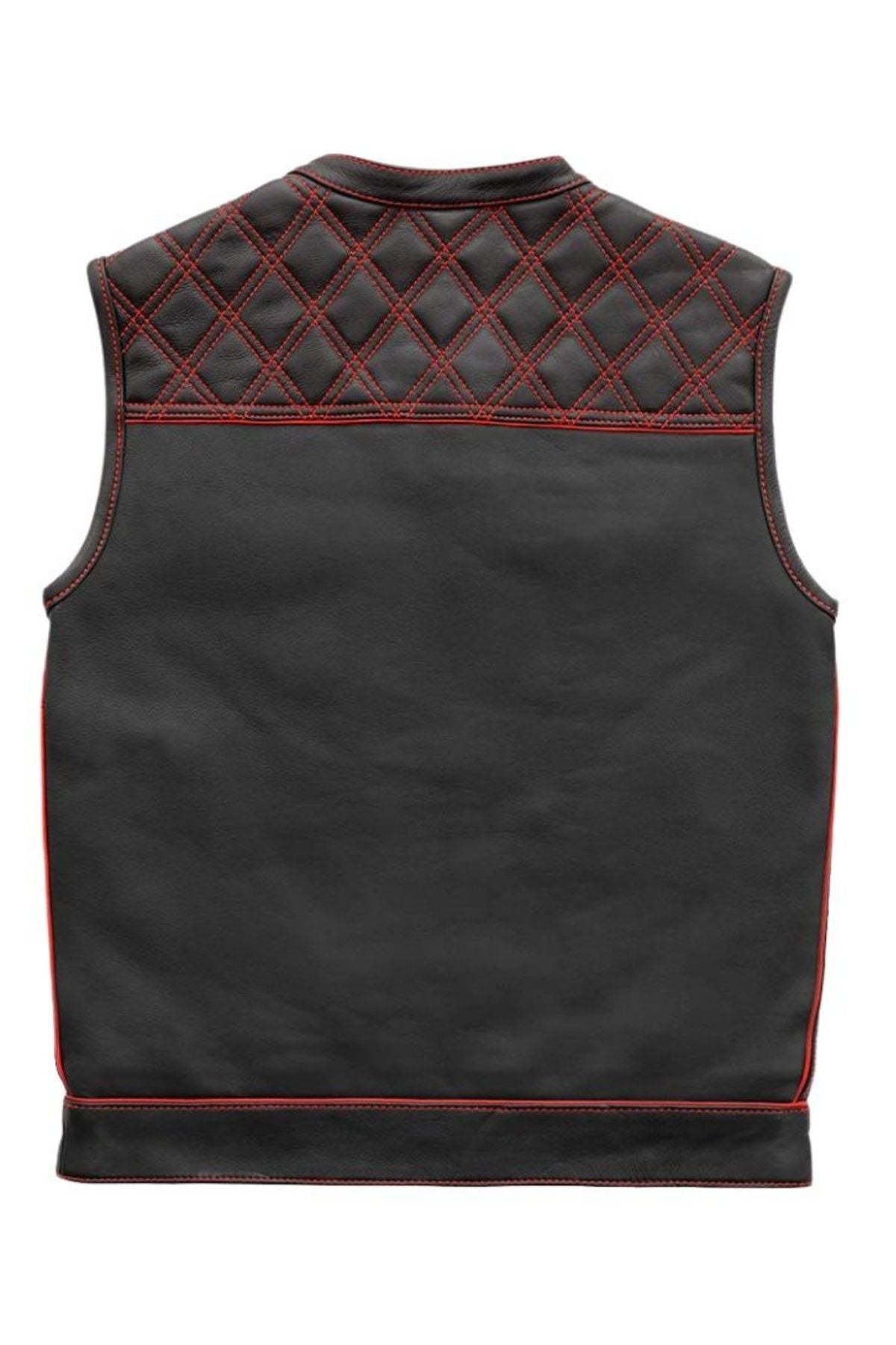 Black quilted vest with red stitching on a white background