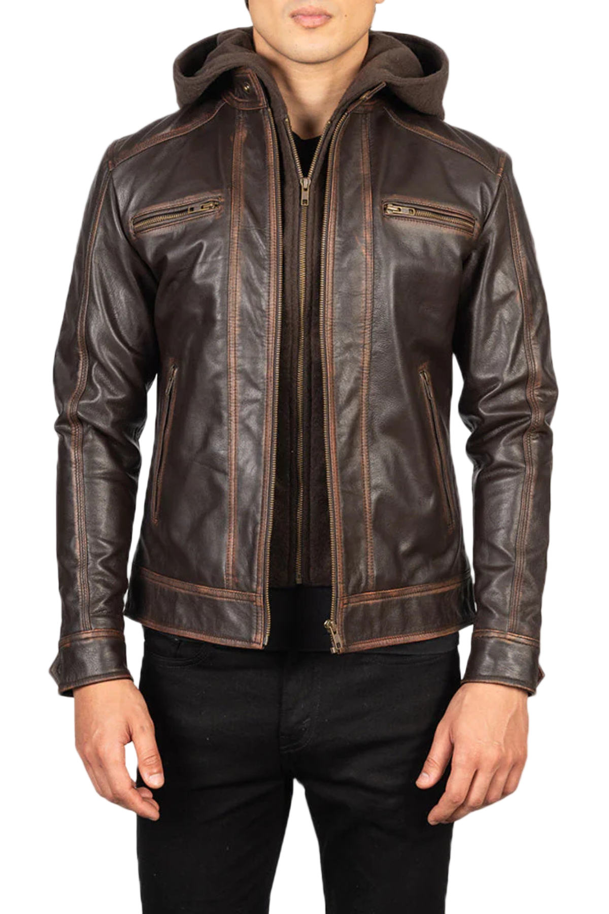 Brown leather jacket with a hood