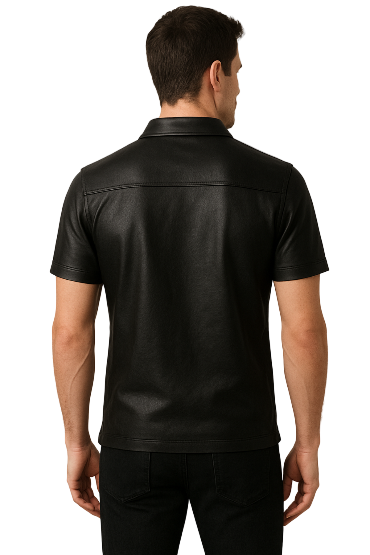 Man wearing a black leather shirt