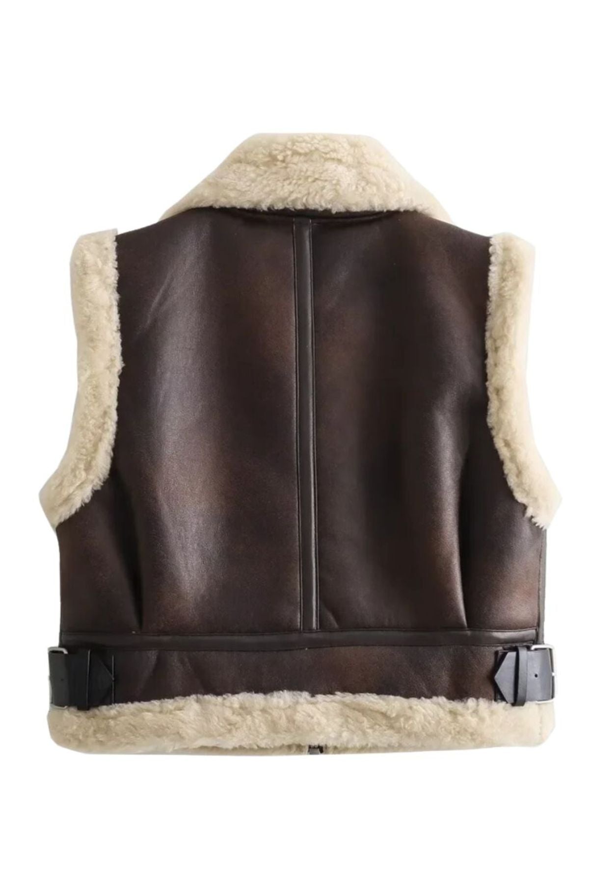 Brown leather vest with beige fur lining on a white background