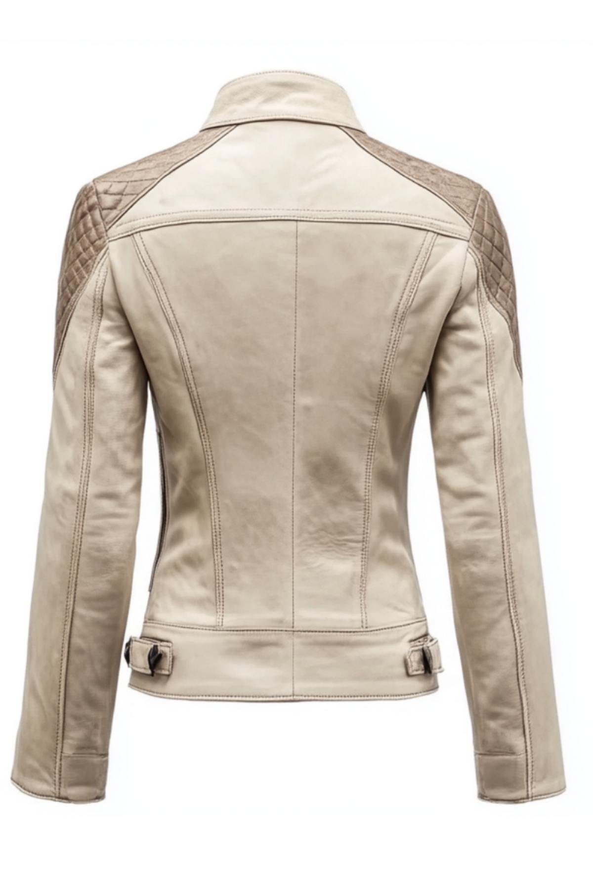Beige leather jacket with quilted shoulder design