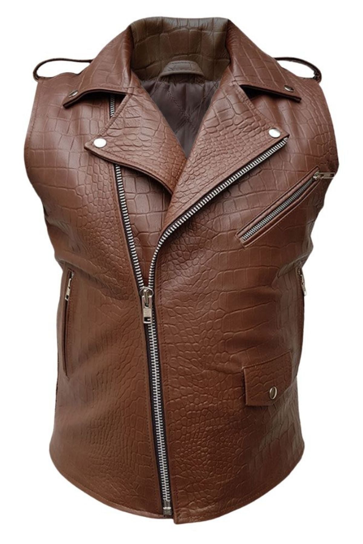 Brown leather vest with zippers on a white background