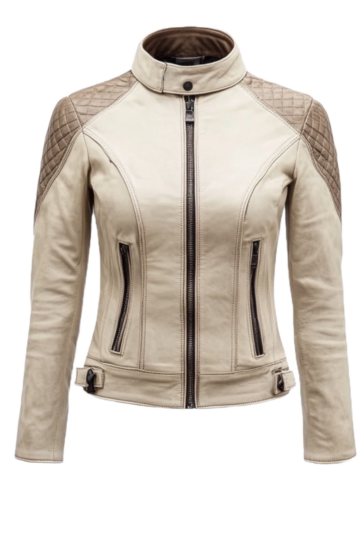 Beige leather jacket with quilted shoulder panels