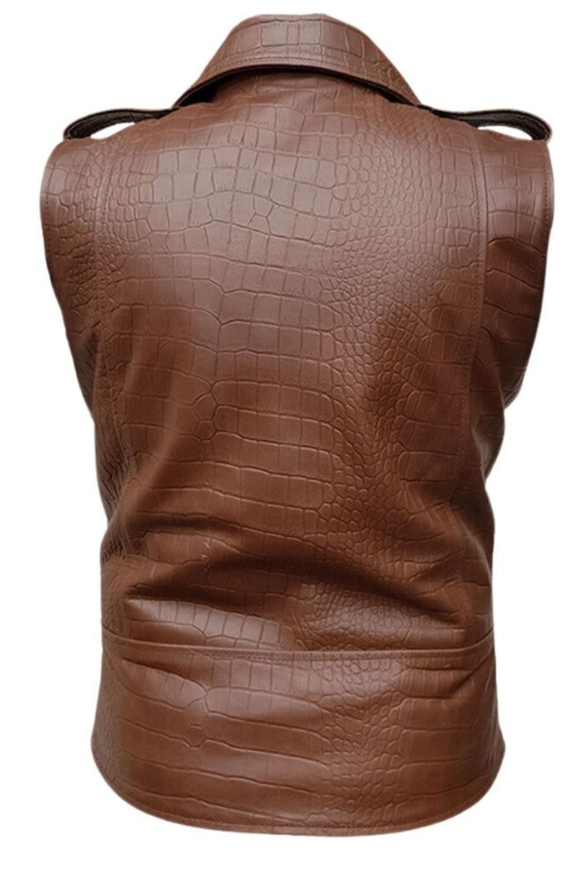 Brown leather vest with crocodile texture on a white background