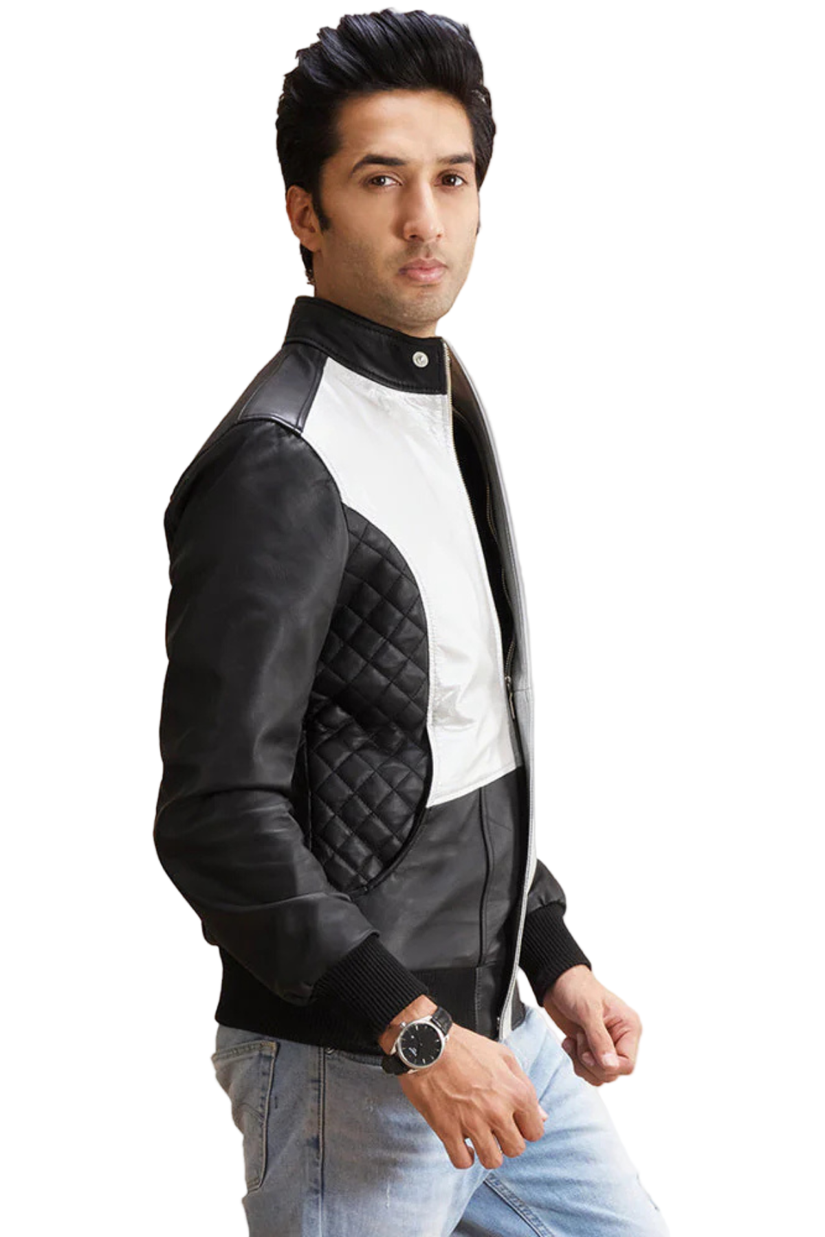 black and gray quilted jacket