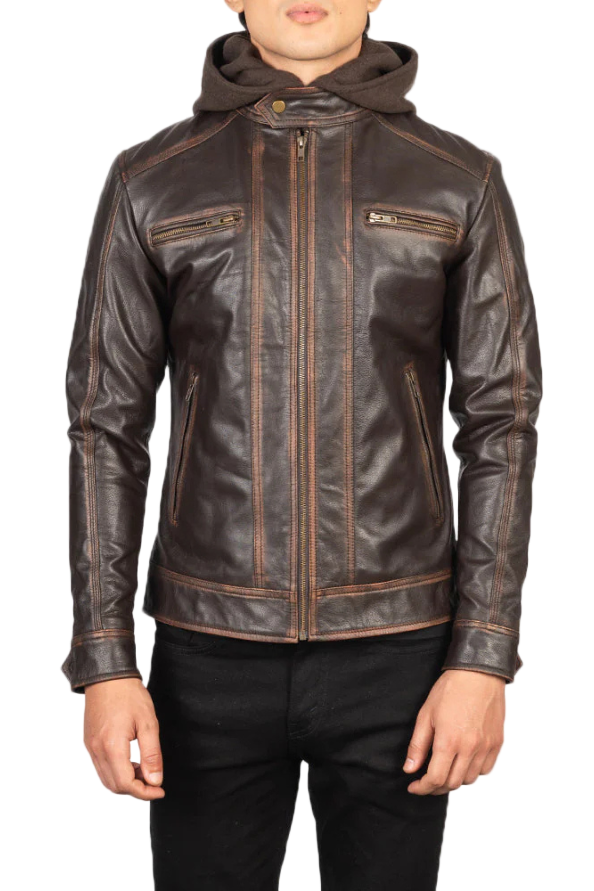 Brown leather jacket with a hood