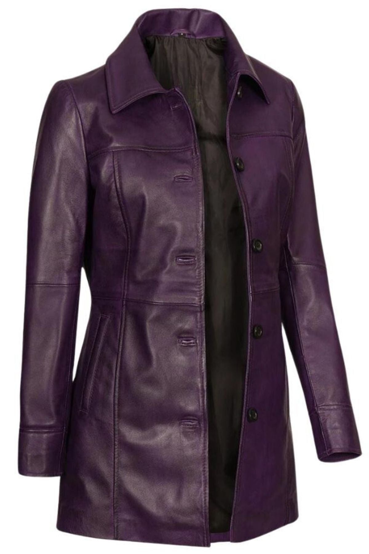 Women's Elegant Purple Leather Trench Coat
