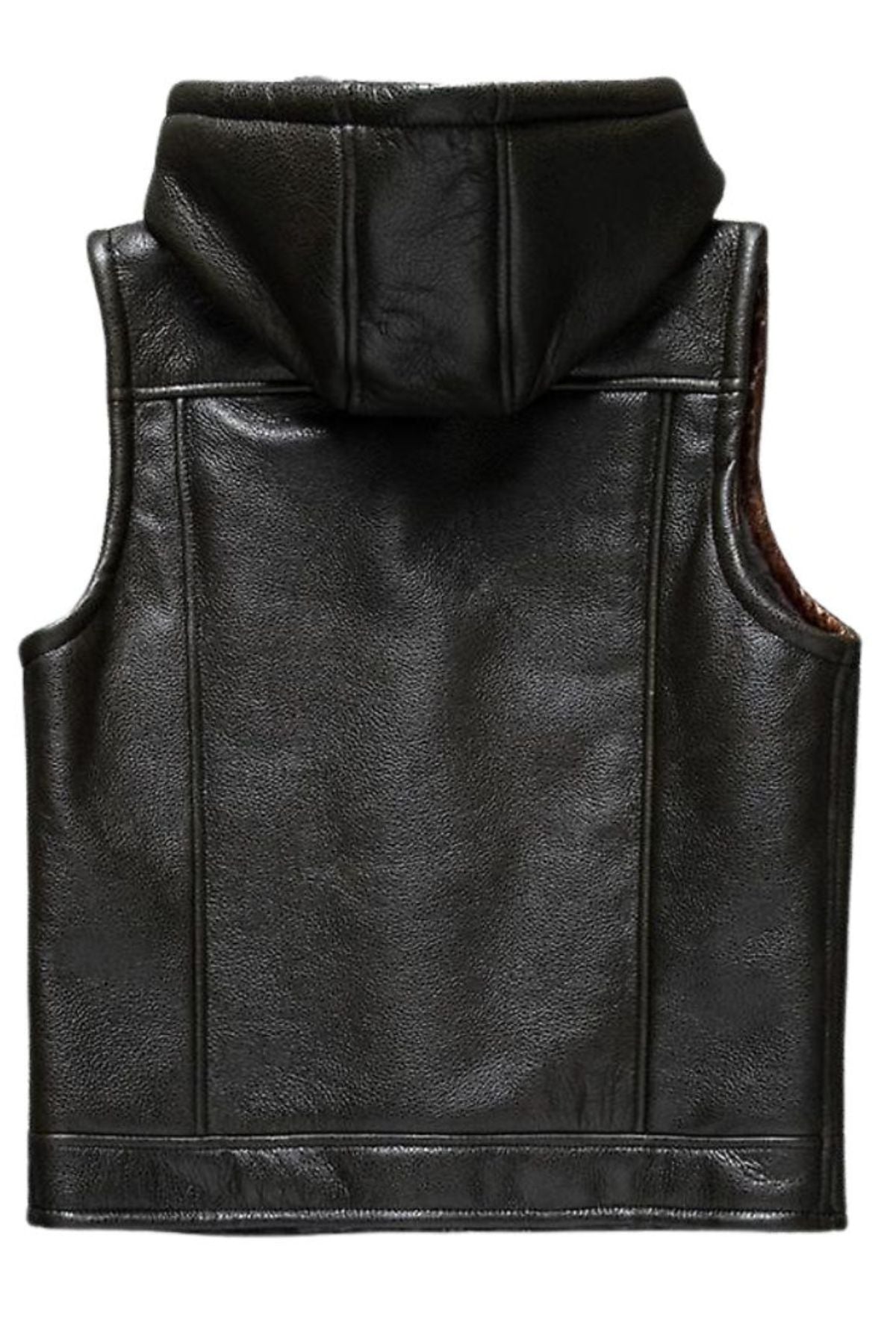 Black leather vest with a hood on a white background