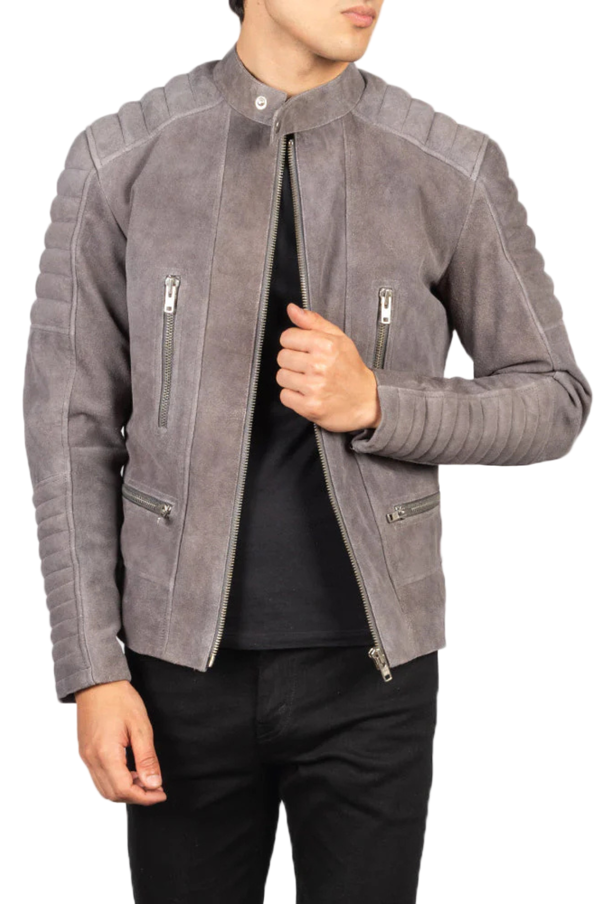 Gray suede jacket with zippers
