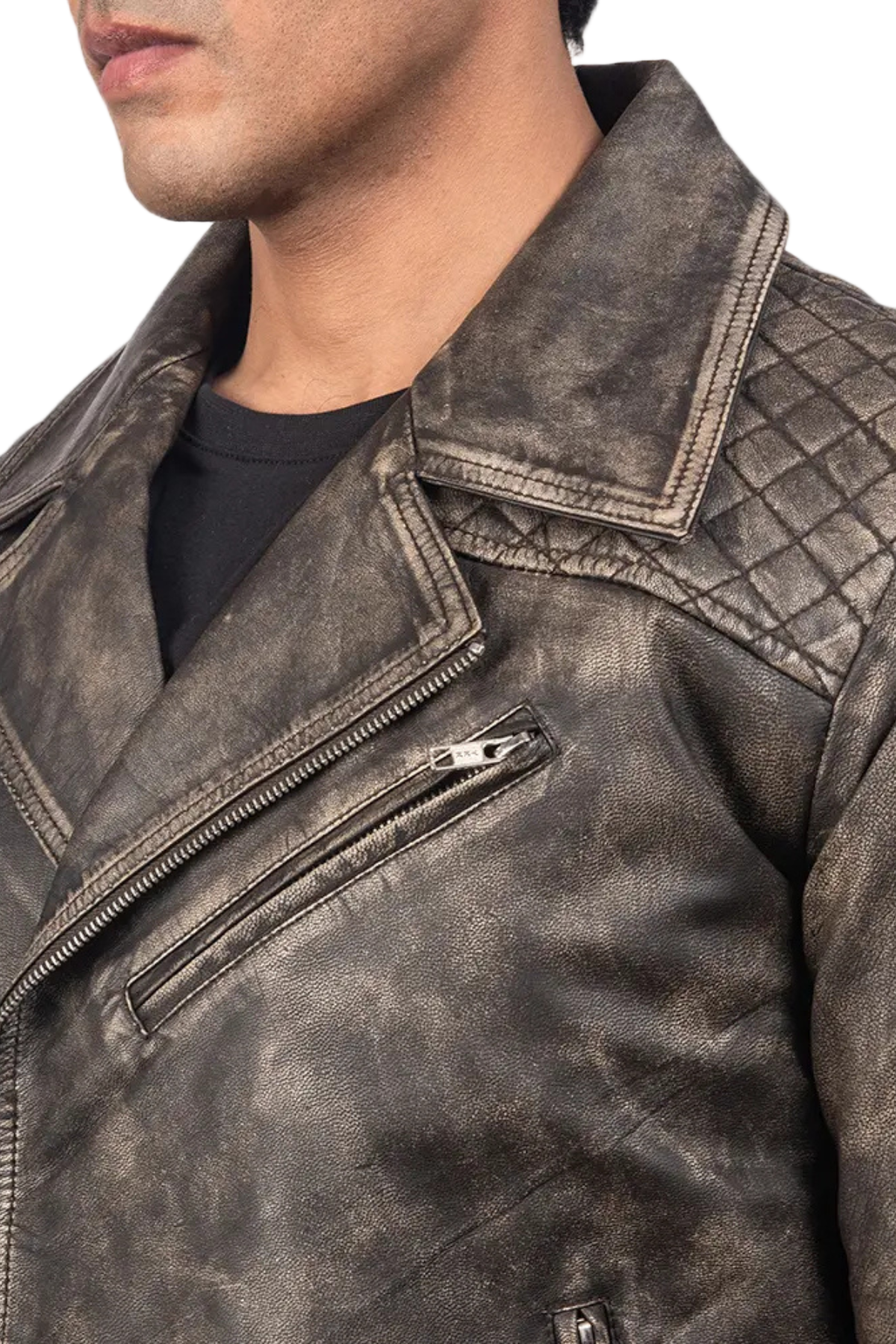 Close-up of a person wearing a brown leather jacket with a zipper.