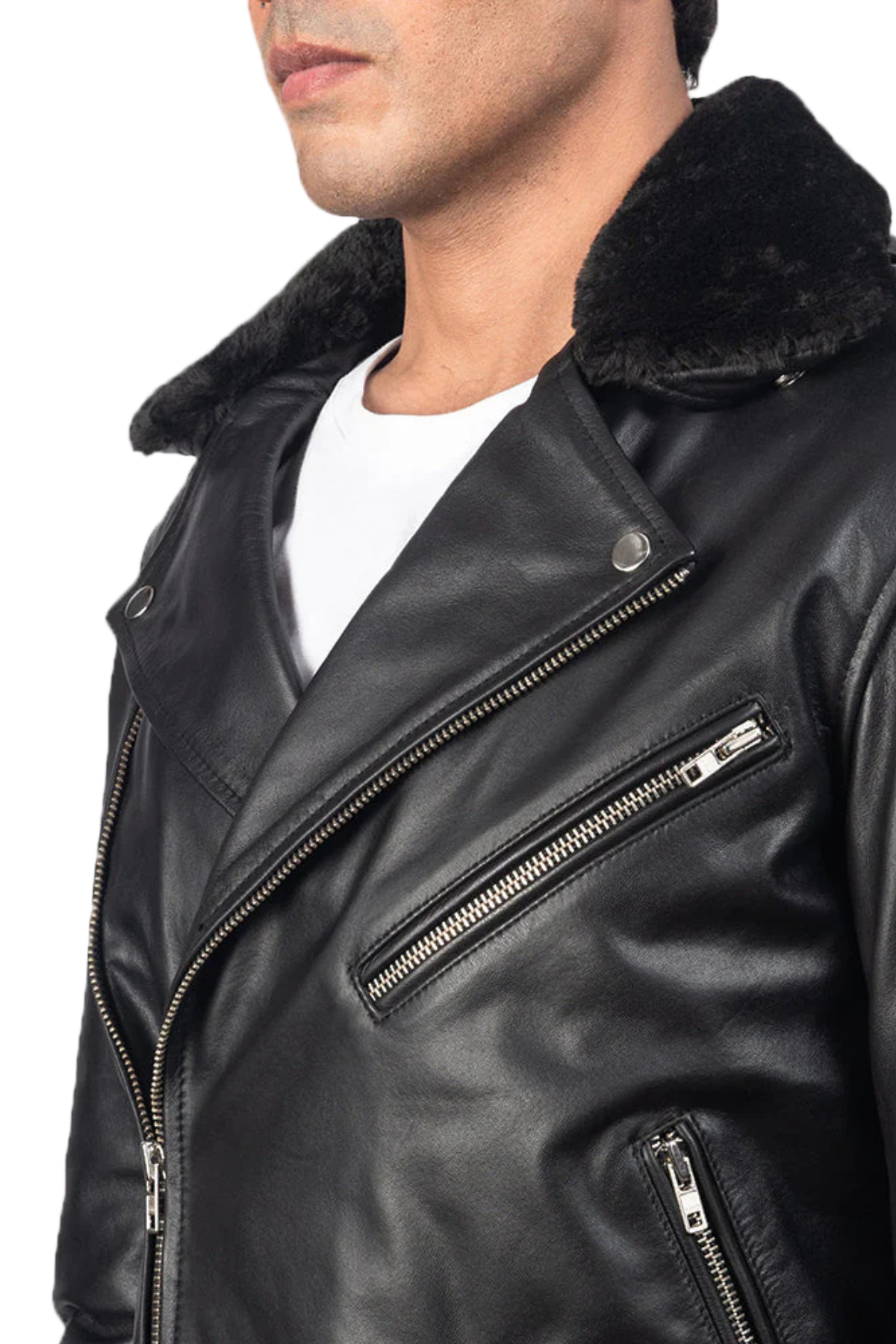 Black leather jacket with fur collar