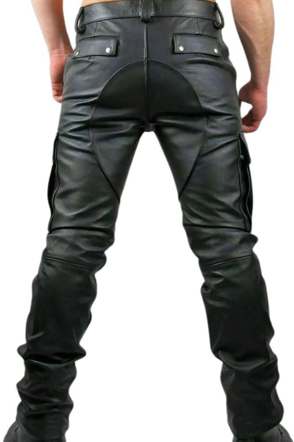 Black leather pants with multiple pockets on a white background