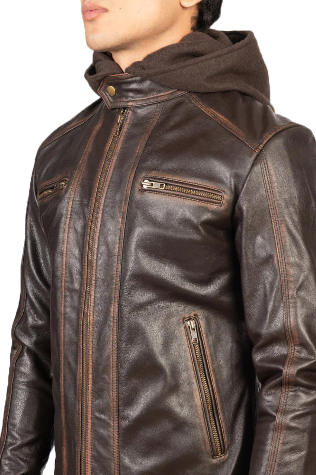 Brown leather jacket with a hood