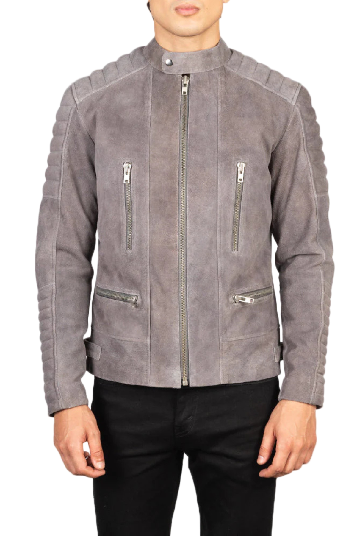 Gray leather jacket with zippers