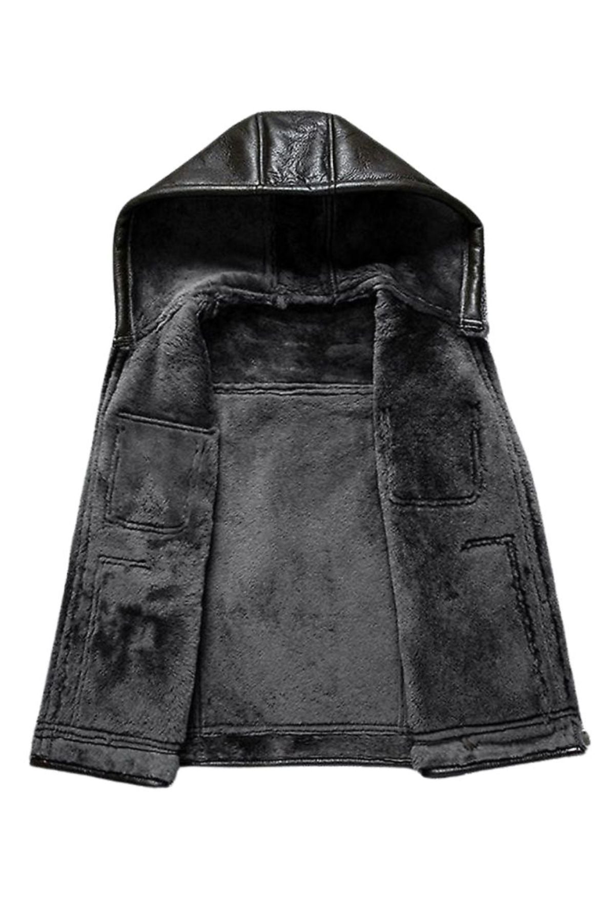 Black hooded jacket with fur lining on a white background