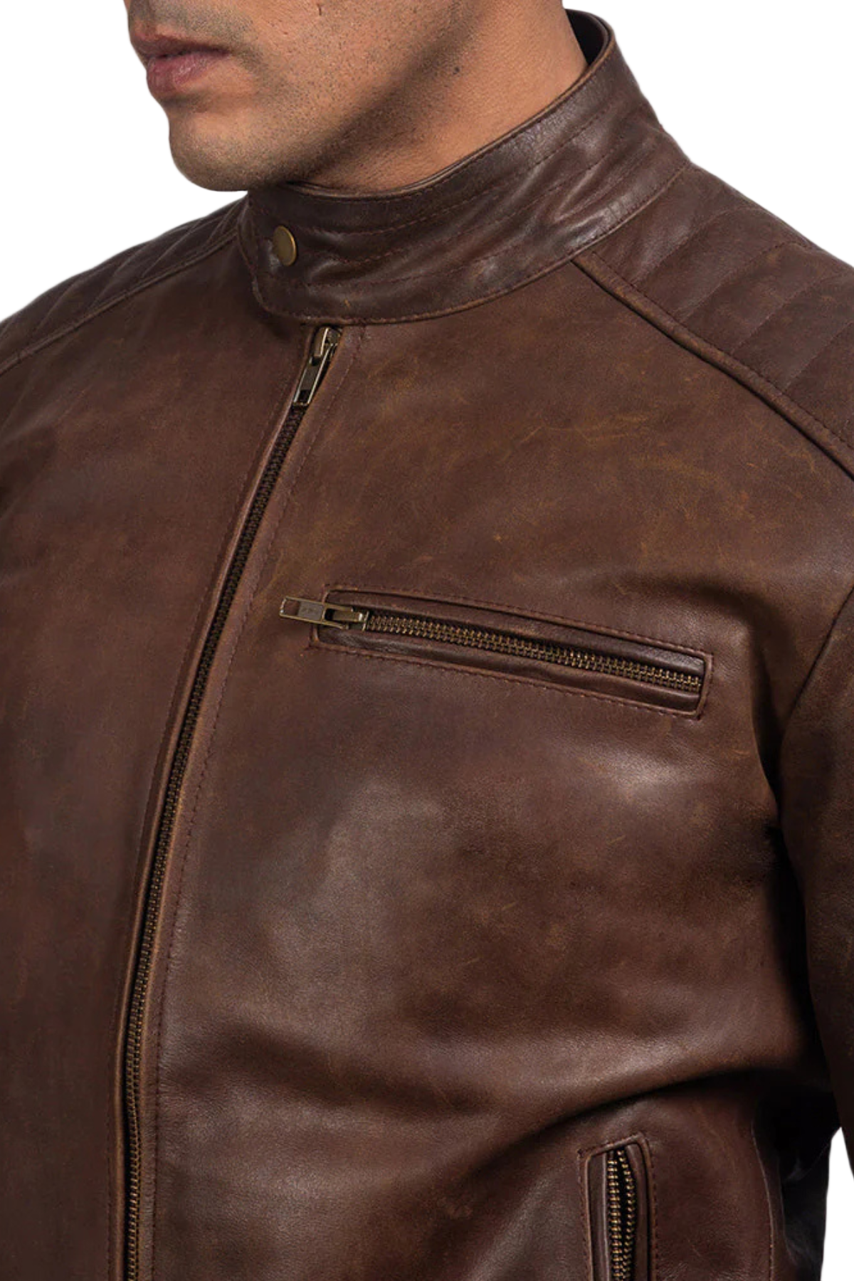 Close-up of a brown leather jacket with a zipper pocket.