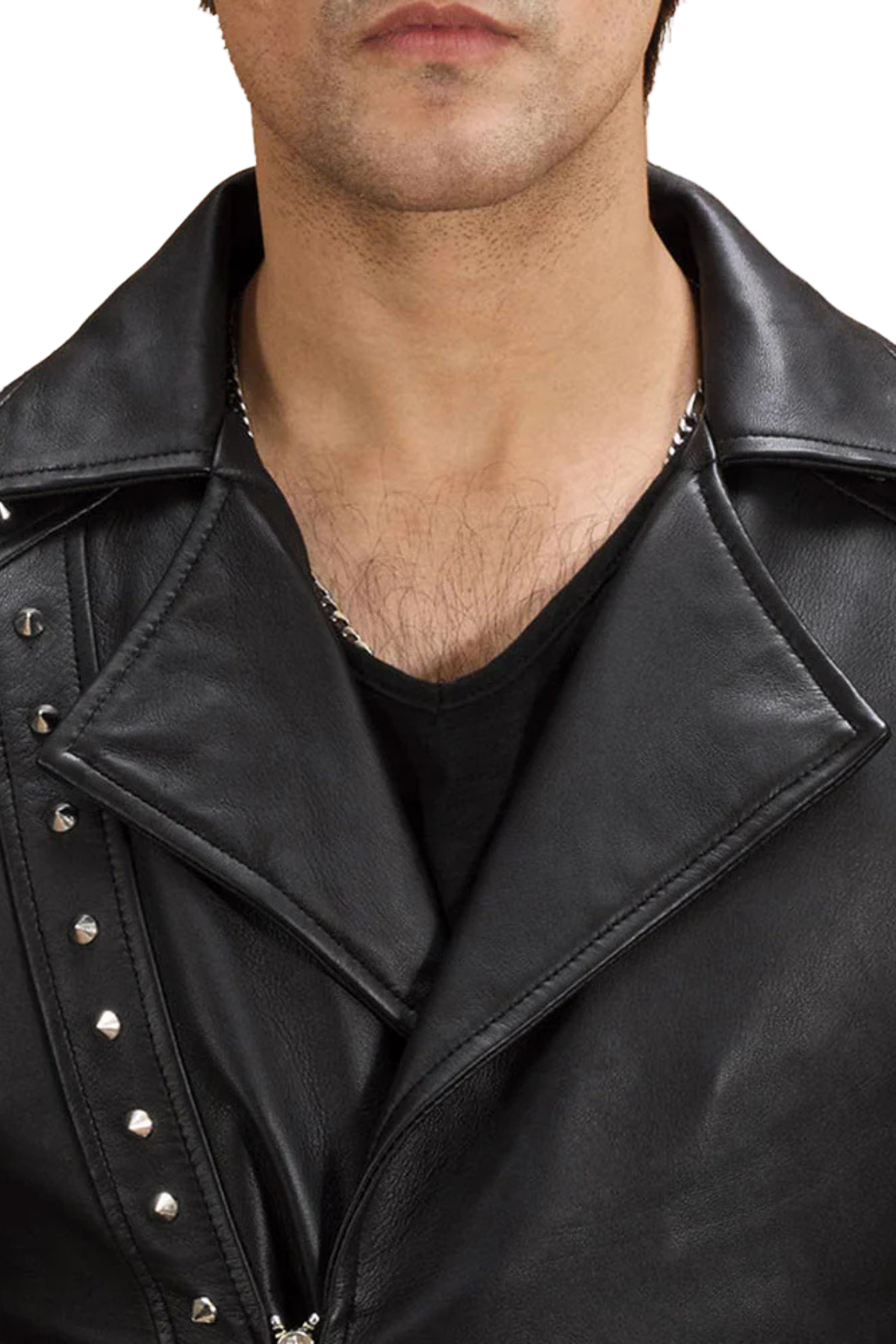 Close-up of a person wearing a black leather jacket with studded details.