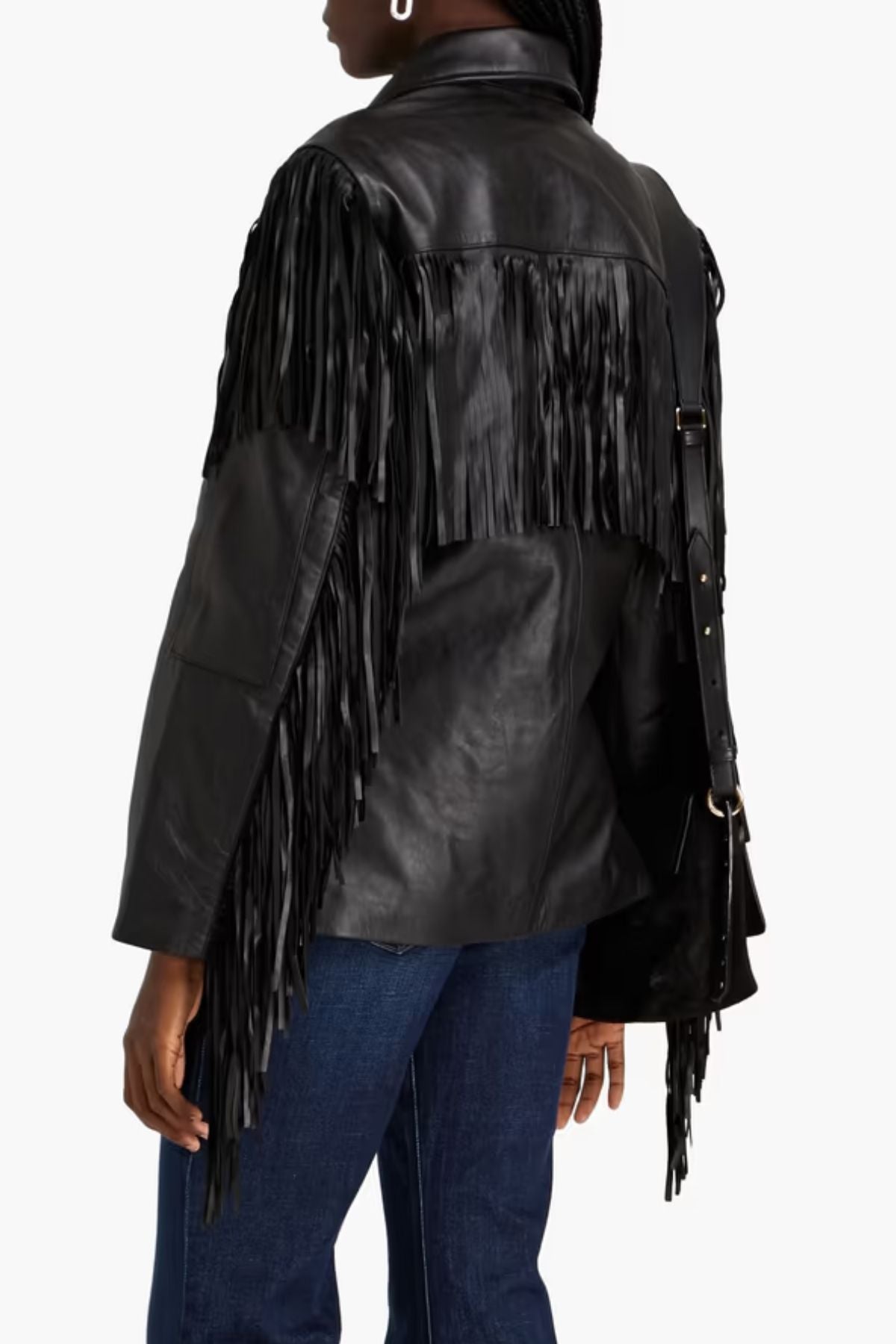 Black leather fringe jacket worn by a person