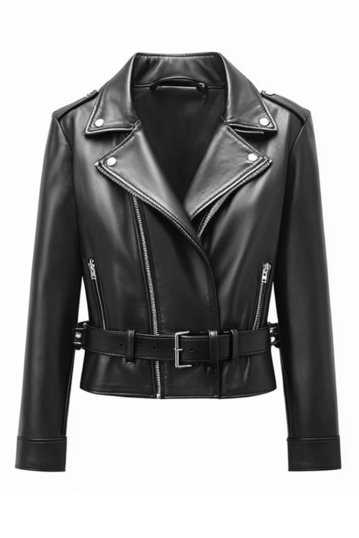 Black leather jacket with a belt