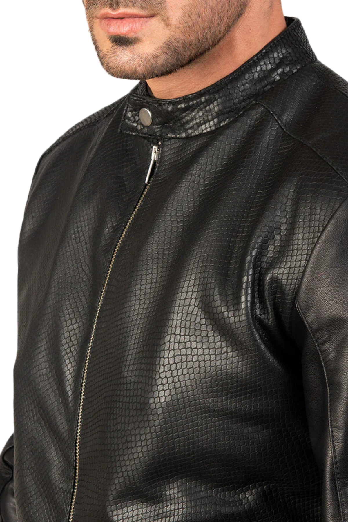 Close-up of a black leather jacket with a textured