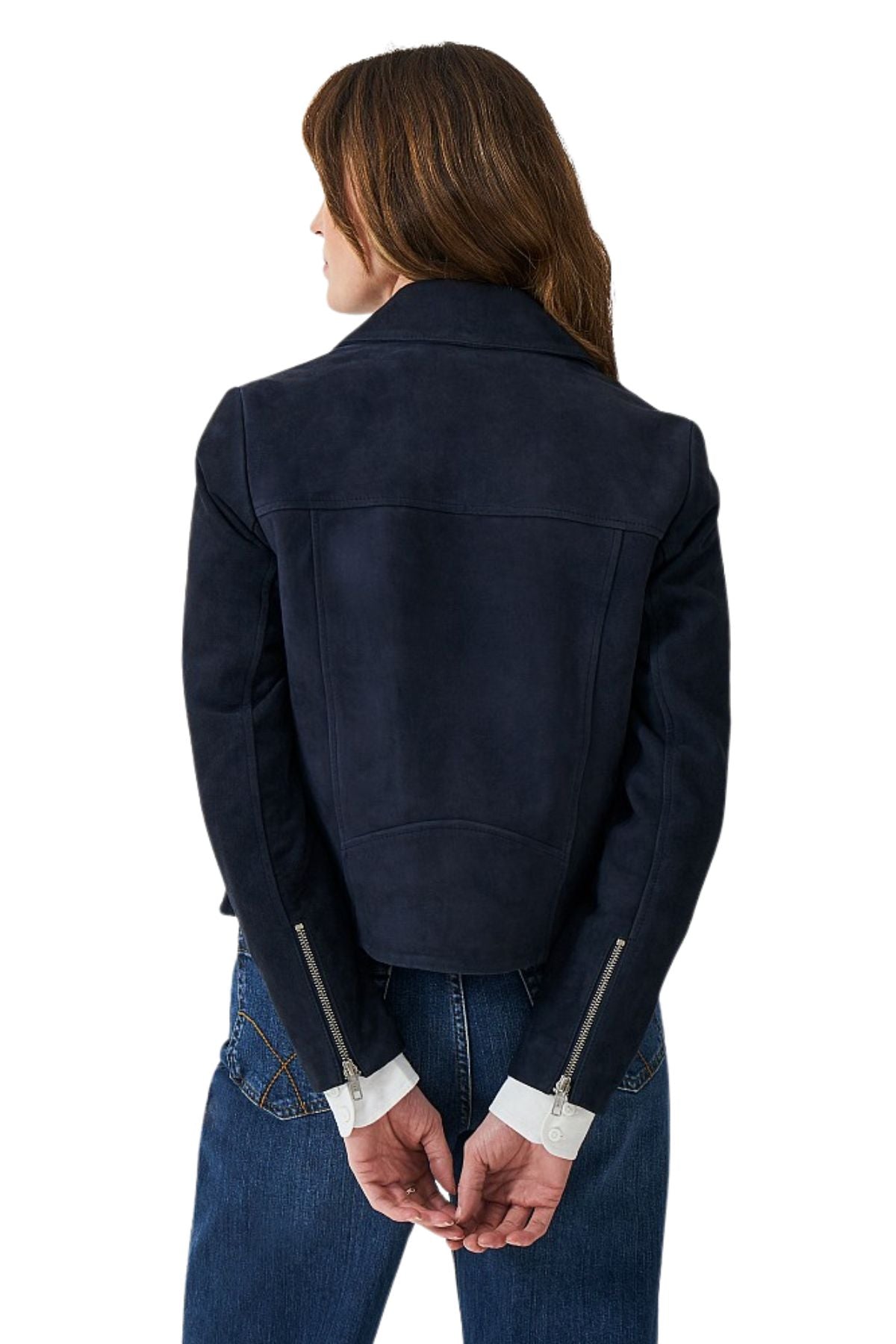 Person wearing a navy blue jacket