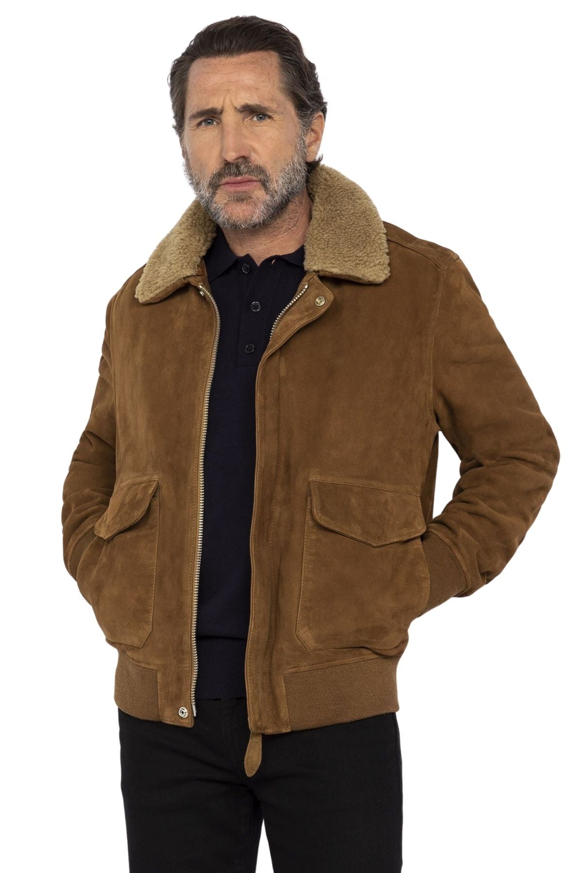 Men's "The Maverick" Suede Bomber Jacket with Faux Shearling Collar
