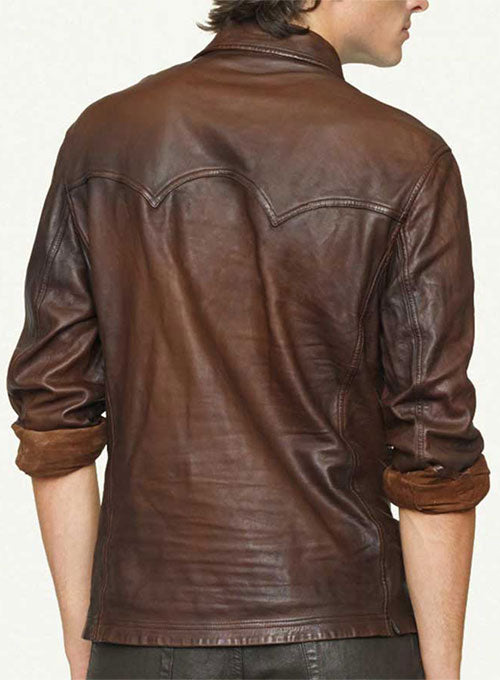 "Back view of a men's leather Western shirt showing the yoke and color details"