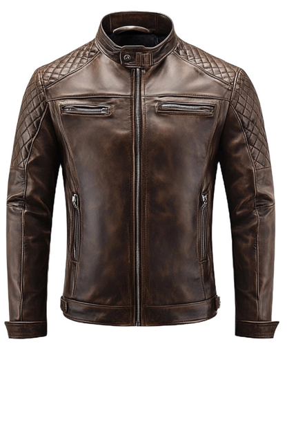 Brown leather jacket with quilted details 