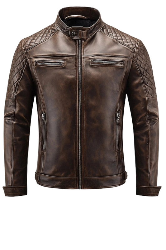 Brown leather jacket with quilted details 