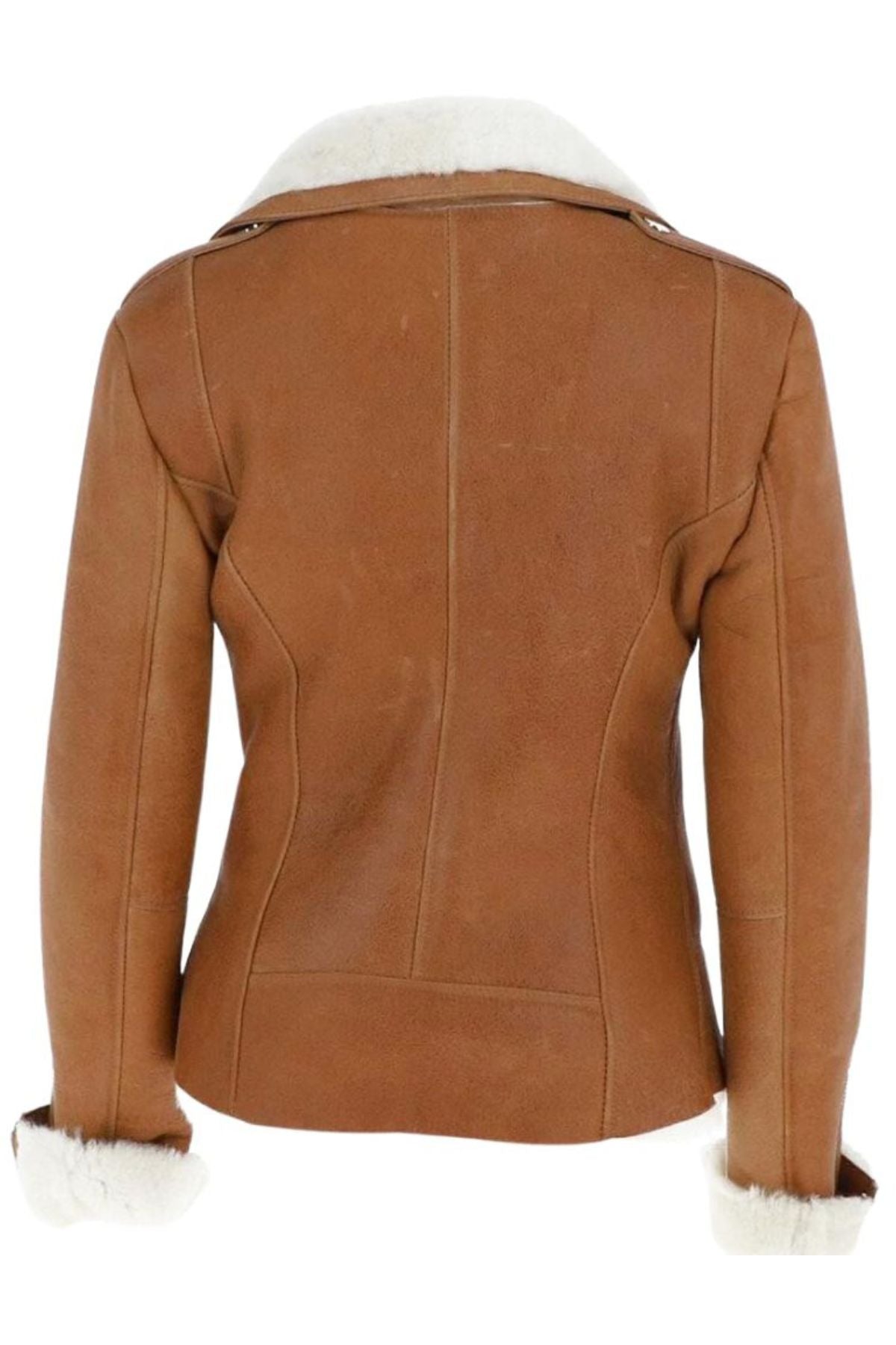 Brown leather jacket with white fur lining 