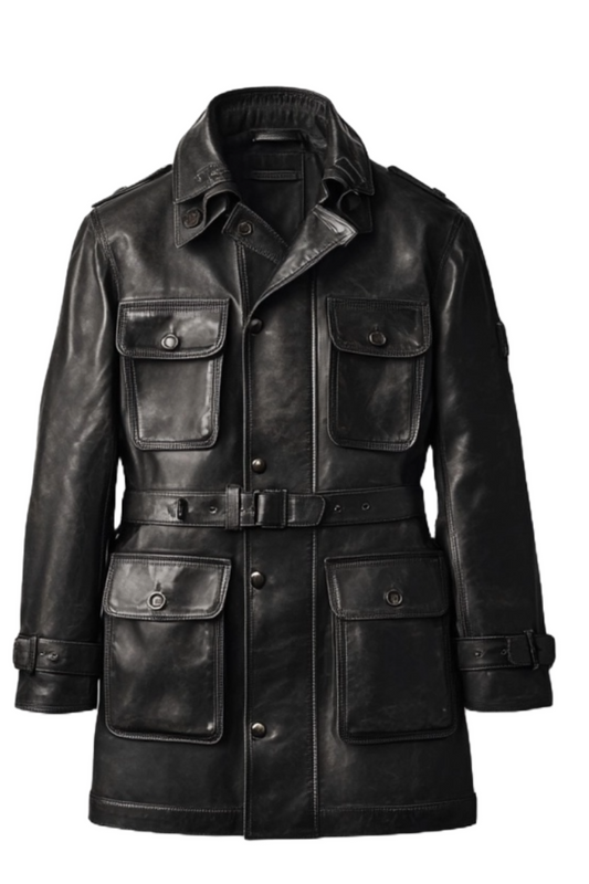 Men's Black Multi-Pocket Belted Leather Field Coat