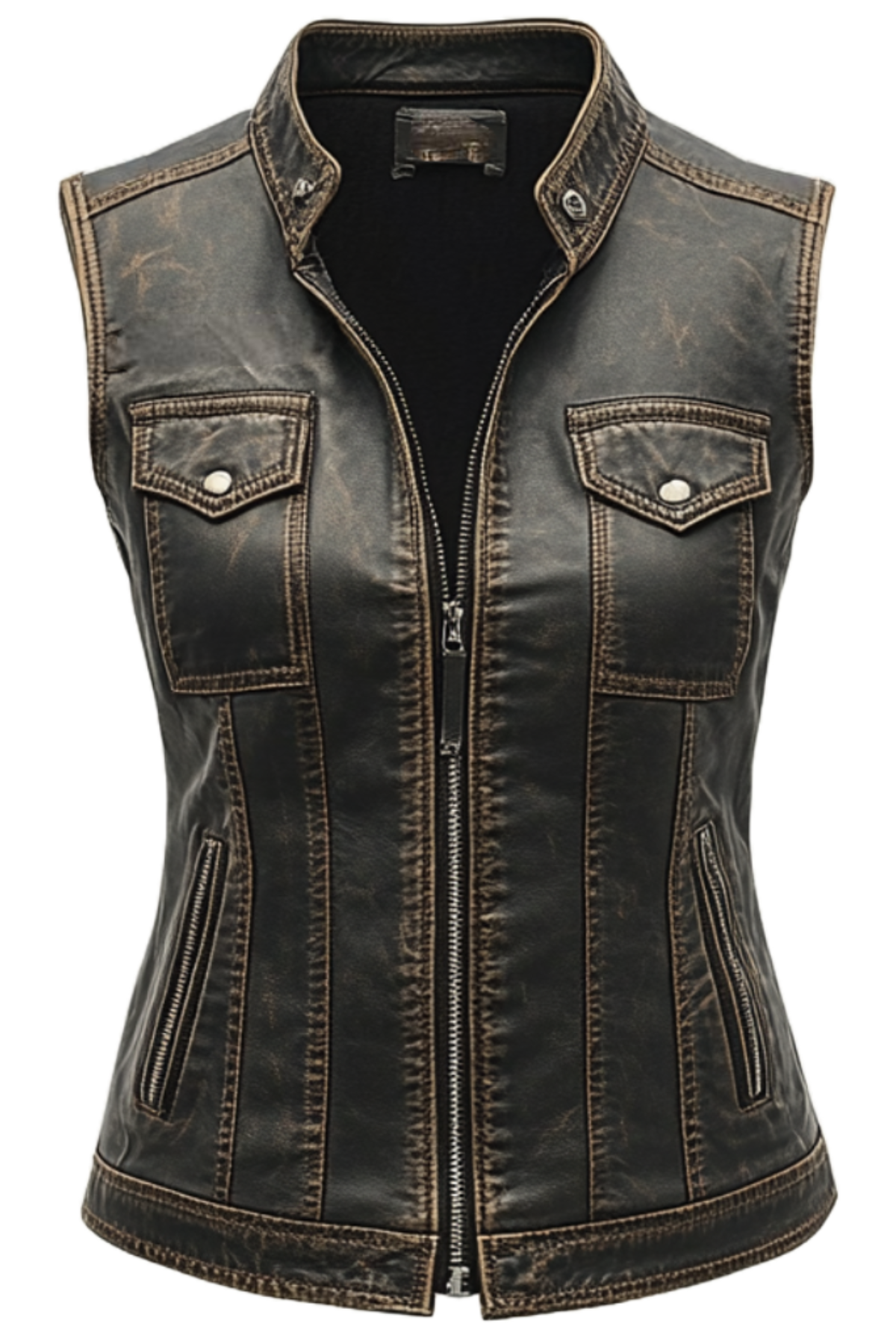 Women's Distressed Black Leather Biker Vest