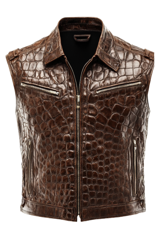Brown leather vest with crocodile texture 