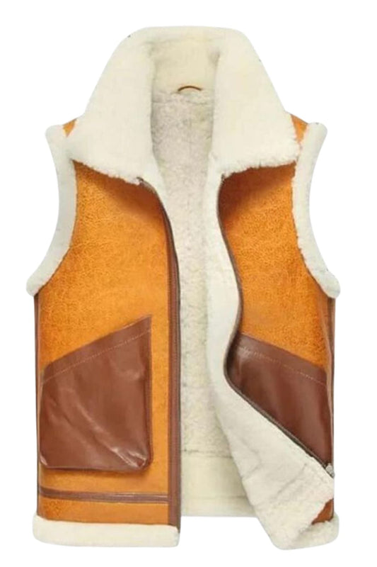 Orange vest with white fur lining and brown leather accents on a white background